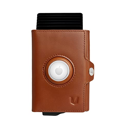 MAGATI Slim Wallet Zani mit AirTag Case - Kreditkartenetui mit Münzfach - Geldbörse aus Echtleder, Aluminium mit Geldscheinfach, Parkscheinslot und RFID-Schutz, Cognac, ohne Fundservice Cover