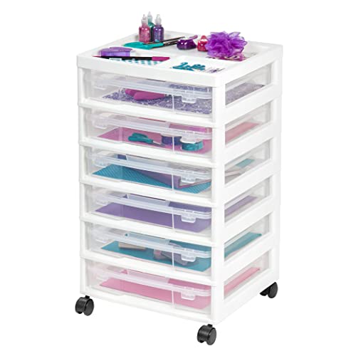 Iris Usa Fits 12" X 12" Paper, 6-Tier Scrapbook Rolling Storage Cart With Organizer Top For Papers Vinyl Tools Office Art And Craft Supplies, Yarn, White Frame With 6 Clear Cases W/ Built In Handle #TOP30
