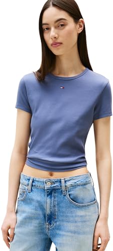 Tommy Jeans Donna T-Shirt Maniche Corte Essential Rib Slim Fit, Blu (Blue Moment), XL