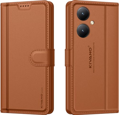 Image of KIVANO LUXE Compatible for Vivo Y27 4G Luxury Handmade Leather Magnetic Flip Folio Case | Card Holder & Kickstand | Slim Protective Cover | Unisex - Brown