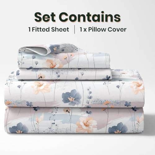 Image of LORETO - A QUALITY LINEN BRAND 210 TC 100% Pure Cotton Single Fitted Bedsheet with 1 Pillow Cover for 78 x 36 Inch Mattress, All-Around Elastic, 8 Inch Deep Pocket, Blue & Peach
