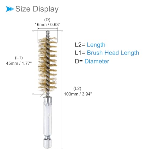 Image of Bore Brush, 16mm Dia 4 Inch Length, Brass Cleaning Wire Brushes with 1 /4 Inch Hex Shank - (Applications: for Power Drill, Die Grinder), 5-Pieces