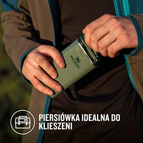 Stanley Classic Wide Mouth Flask 0.23L Hammertone Green with Never-Lose Cap - Piersiówka ze Stali Nierdzewnej z szerokim otworem do łatwego napełniania i nalewania - Szczelna piersiówka BEZ BPA