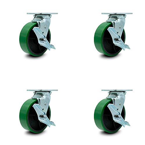 Crazy Deals Polyurethane on Cast Iron Swivel Top Plate Caster Set of 4 w/6 x 2 Green Wheels - Includes 4 Swivel w/Top Lock Brakes - 4800 lbs Total Capacity - Service Caster Brand