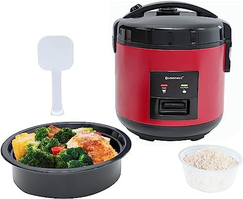 Eamoment 1L | 400 W arrocera y vaporera (1 litro-5 tazas) para 1 – 5 personas, cocción rápida sin quemar, extraíble antiadherente, cuchara de arroz y vaso medidor, rojo
