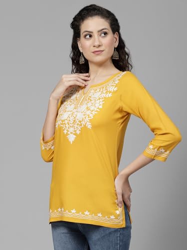 Image of QAZMI Short Kurti for Women| Rayon Cotton Embroiderd Kurta | Women's Tunic Tops