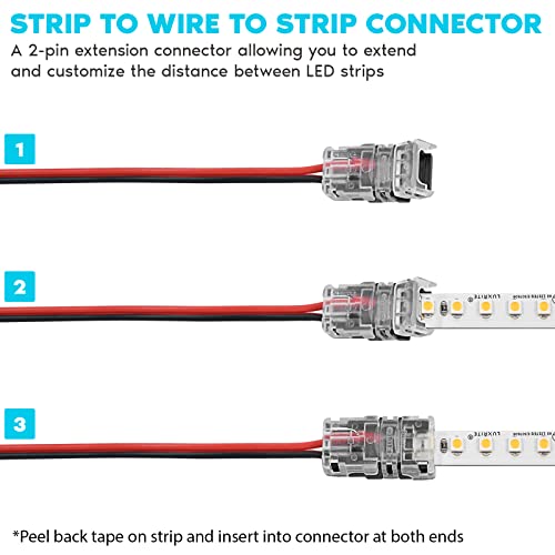 Image of LUXRITE 3-Pack 2 Pin LED Strip Lights Connector with Extension Cable, 8MM Wide Strip to Strip Connection with Cable, Single Color SMD 2835 Tape Light Bi-Pin Compatible