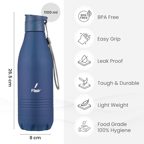 Image of FLAIR Champ DX 1100 ml Stainless Steel Water Bottle - Blue | BIS Certified & ISI Marked | SS 304 Food Grade | Fridge Bottle, Durable & Reusable Bottle for Office, Gym & Travel