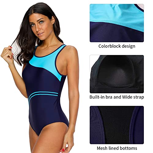 CharmLeaks Women's Super Pro Swimweaer Sporty Training Racing Bathing Suit Color Block Bule-new Medium