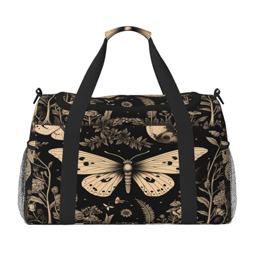 Vintage Gothic Floral Moon Butterfly Duffle Bag Travel Duffel Bags for Men Women Waterproof Gym Overnight Weekender Bag Carry on Tote Bag