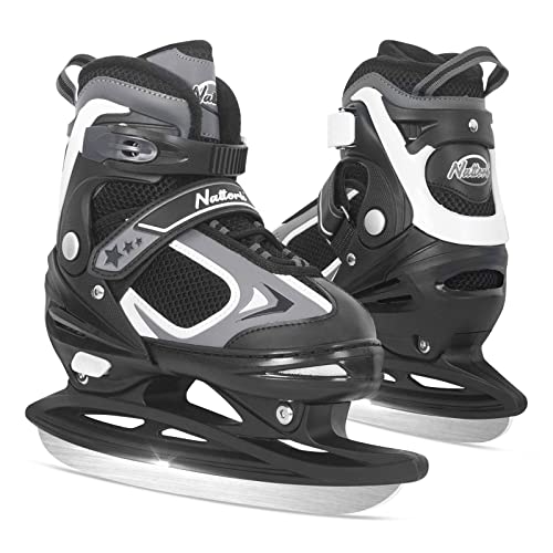 Nattork Ice Skates for Kids, Boys and Girls, Hockey Lace-Up Adjustable Skates Soft Padding and Reinforced Ankle Support for Beginners Black Large ( 5-8 US)