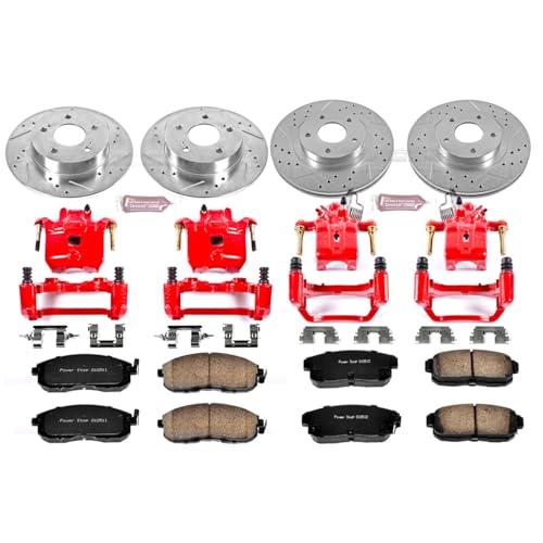 Image of PowerStop Front and Rear Brake & Caliper Kit for INFINITI I35 2002-04 | Nissan Maxima 2002-03 - Carbon-Fiber Ceramic Brake Pads + Drilled & Slotted Rotors + Red Powder Coated Calipers, KC2706