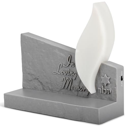 Image of Zion Judaica Eternal Flame Electric Yizkor Candle Memorial Tombstone Shaped LED Yahrzeit Candle Engraved In Loving Memory Yahrtzeit Light Flickering Flameless Memory Jewish Funeral Light