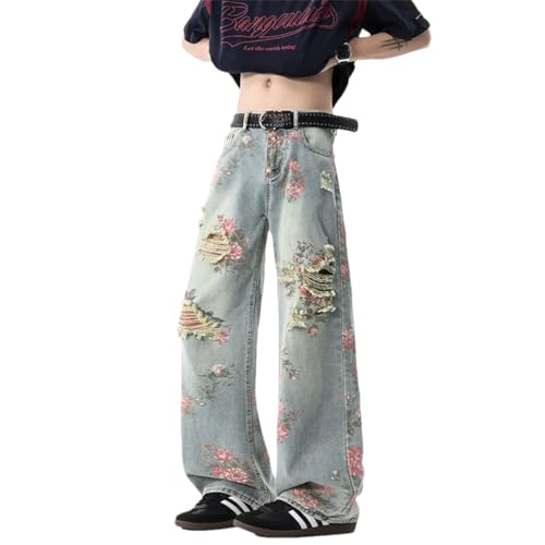Men's American Ripped Jeans Floral Design Sense Beggar Straight-Leg Slim Wide-Leg Pants