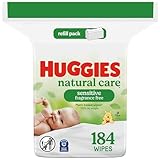 Baby Wipes, Huggies Natural Care Sensitive, UNSCENTED, Hypoallergenic, 1 Refill Pack, 184 Count (Packaging may vary)