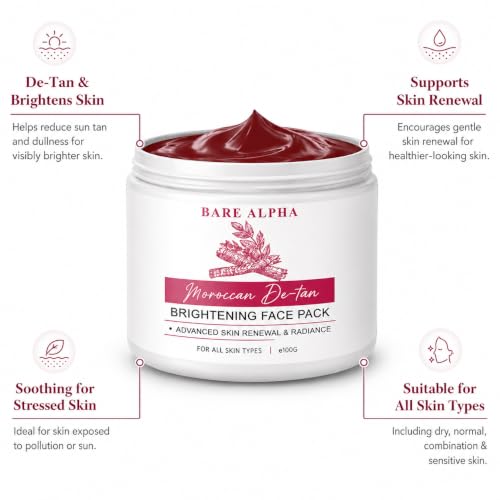 Image of Moroccan DeTan Brightening Face Pack for Advanced Skin Renewal & Radiance | Clay Mask for Tan Removal, Skin Brightening, Deep Cleansing & Glowing Complexion | Suitable for All Skin Types | 100gm