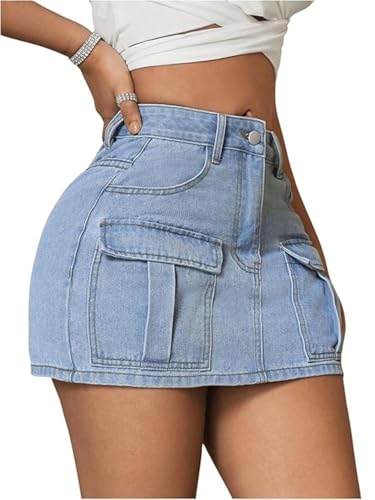 SHENHE Saia jeans feminina cintura baixa cintura alta casual Y2k denim cargo mini saia com bolsos, L