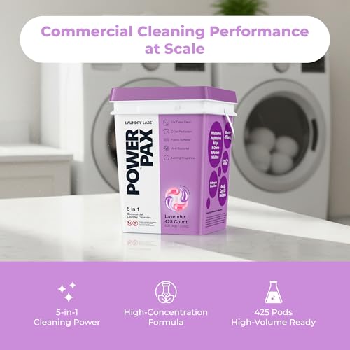 Image of PowerPax 5-in-1 Laundry Detergent Pods - 425 Count, Washer Pods with Stain Remover, Odor Control, Fabric Softener & Color Care for Commercial Laundry - Lavender