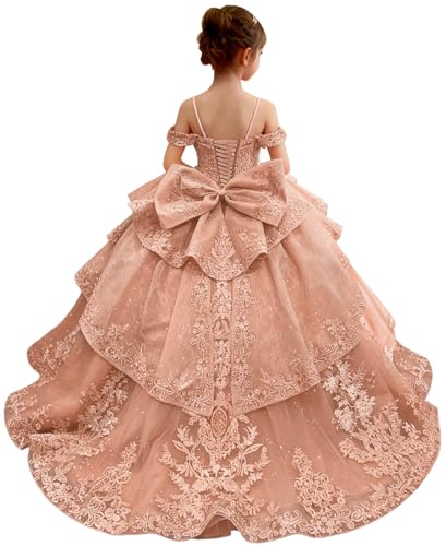 PAEGXN Pearly Rose Gold Flower Girl Dresses for Wedding with Bow Lace Applique Tulle Girls Special Occasion Dress Tiered Cold Shoulder Ball Gown Dress for Girls with Ruffles Size 8