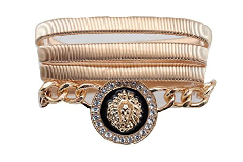 Women Fashion Wrap Around Belt Hip High Waist Gold Metal Elastic Band Lion Coin M L2