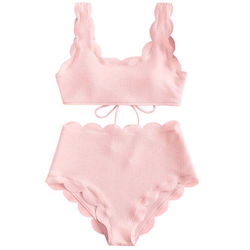 ZAFUL Women's Scalloped Textured Swimwear High Waisted Wide Strap Adjustable Back Lace-up Bikini Set Swimsuit Light Pink XL