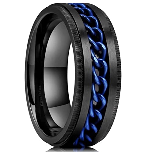 Image of King Will Black /Blue Stainless Steel 8mm Rings for Men Center Chain Spinner Ring, Size 7-14