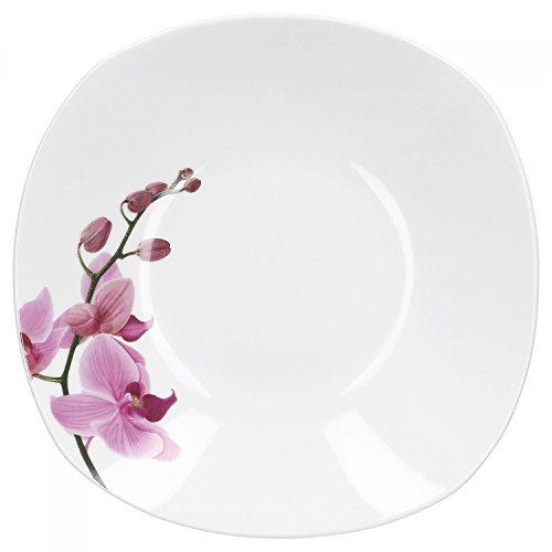 Birsppy Van Well Tafelservice Kyoto, 12tlg. für 6 Personen, 6 Speiseteller + 6 Tiefe Suppenteller, Porzellan-Geschirr, Blumen-Dekor Orchidee, rosa-rot, pink