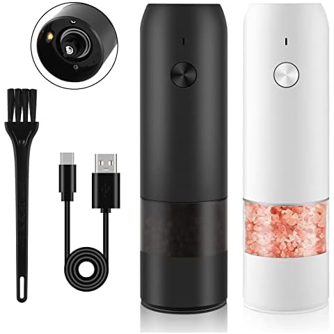 MOVNO USB Rechargeable Electric Salt and Pepper Grinder Set of 2, LED Lights, Automatic Pepper and Salt Mill Grinder Set Refillable, Adjustable Coarseness, One Hand Operation (Black White 2 Pack) Cover