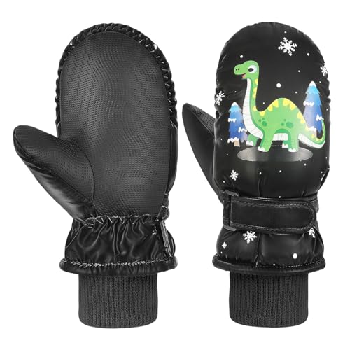 MoKo Kinder Skihandschuhe Schwarz Dinosaurier Fäustlinge