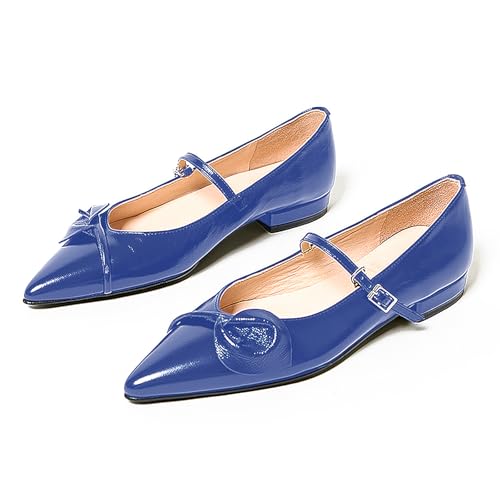 LEMUTISME Women's Classic Pointed Toe Matte Leather Comfort Leaf Upper Ankle Strap Ballet Flats Shoes