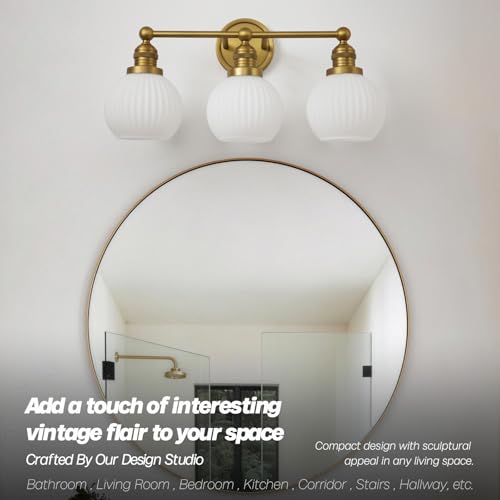 Image of 3-Lights Bathroom Light Fixtures, Vintage Milk White Glass | Hardwired Gold Wall Mounted Lamp for Bathroom Mirror to Elevate Decor & Refresh Older Home's Look,DIY-friendly,UL,E26