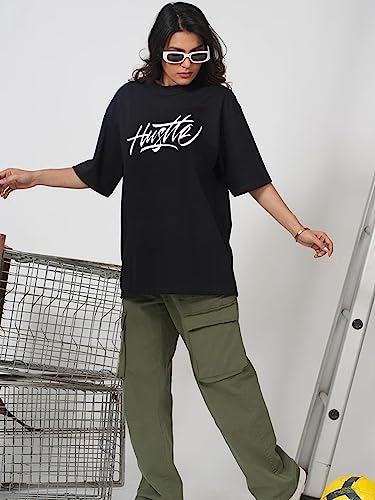 Image of Veirdo Pure Cotton Oversized Half Sleeve Round Neck Graphic Back Hustle Monster Printed Black T-Shirt for Women
