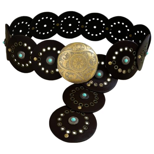 44.5 x 3.5 Inch Boho Black PU Leather Cowgirl Waistband Vintage Wide Leather Cowboy Disc Belt Adjustable Hollow Western Chunky Disk Waist Belt with Metal Buckle for Women Jeans Dress Skirt