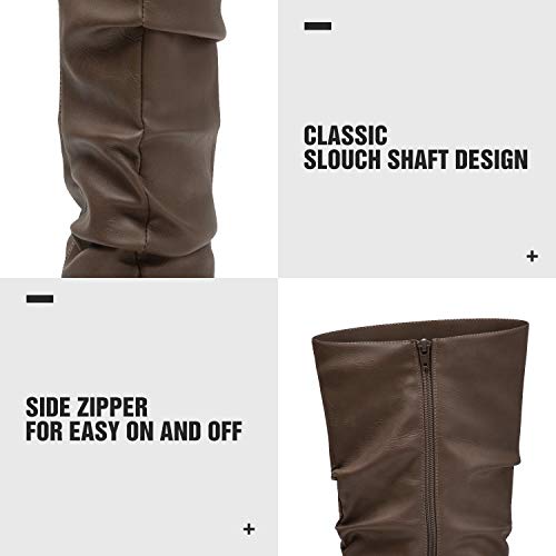 Katliu Women's Slouchy Mid Calf Boots Zip Up Flat Boots Khaki #TOP1