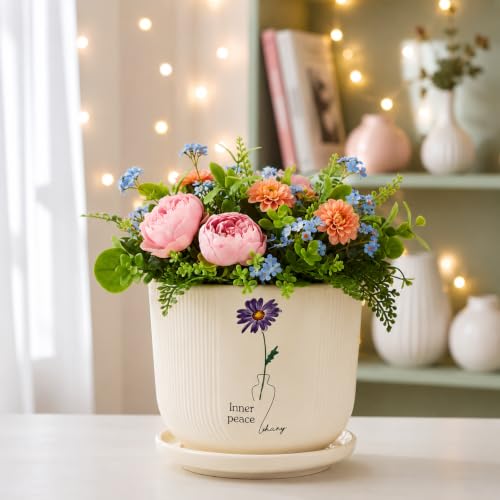 Image of Xtore Serene Floral Ceramic Planter with Saucer for Home & Office Decor | Ribbed Flower Pot with Botanical Artwork for Living Room, Bedroom, Balcony, Desk, Shelf & Window Styling (Off-White)