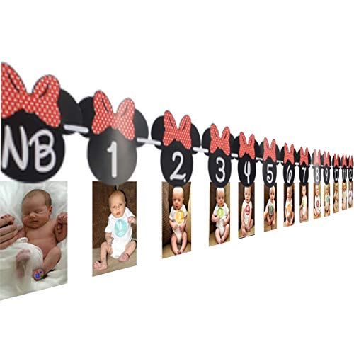 Minnie Mouse Birthday Photo Banner - Nb To 12 Month Minnie First Birthday Banner - Minnie Themed First Birthday Decorations - Minnie Mouse 1St Birthday Supplies - Minnie Clubhouse Party, (Red Bow) #TOP4