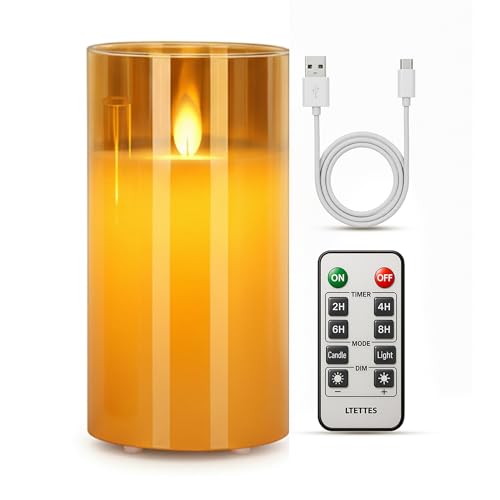 Image of LTETTES Real Wax LED Glass Pillar Flameless Rechargeable Candles | Amber Gold Glass | USB Type-C Wireless Charging Cable | Remote Control Included | Home Decor & Gifting | Set of 1 (7.5 x 15.8 cm)