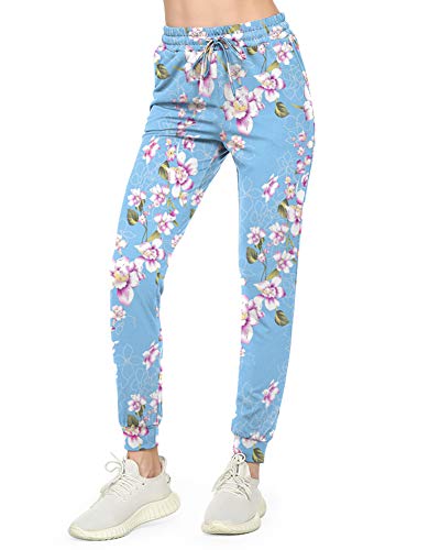 syoss Sweatpants for Women with Pockets, Jogging Pants, Active Jogger, Lounge Pants for Workout and Daily-Wear, Floral Blue 2XL