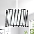 MEIJIA 15.7” Drum Chandeliers for Dining Room, 4 Light Modern Drum Light Fixture with Fabric Shade and Black Metal Frame, Chandelier for Kitchen Bedroom Living Room Foyer Entryway
