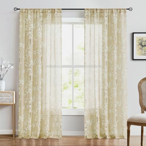 Image of FMFUNCTEX Linen Sheer Blossom Floral Print Curtains Cream 96 Inch 2 Panels