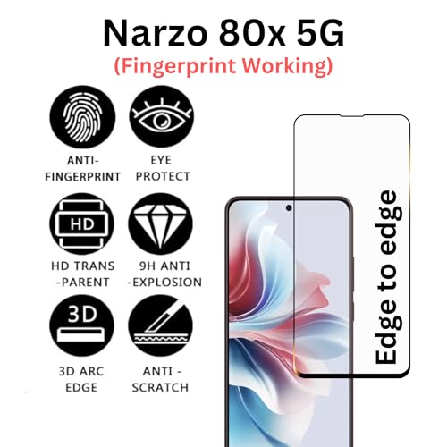 Image of compatible with Realme Narzo 80x 5G Tempered Glass [with warranty] screen protector guard Full Edge to Edge 9H Full Glue FHD with Easy Installation kit - Pack of 1 | 6.72 Inch (Narzo80x / 80 x)