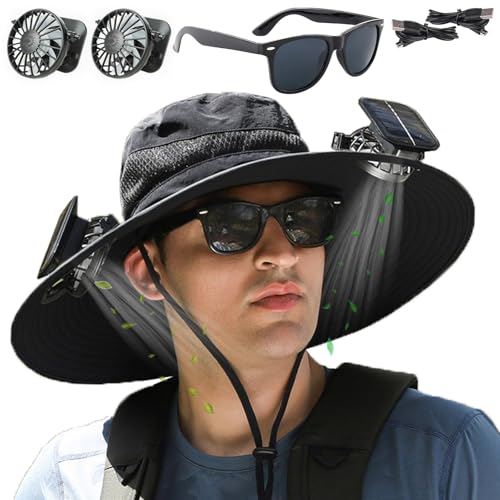 Image of Fishing Hats with Sunglasses, Wide Brim Sun Hat with 2 Solar Fan, USB & Solar Powered Fishing Hats, Solar Fan Hats UPF 50+
