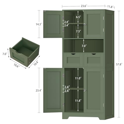 Image of TEENFON 57.8 inch H Tall Bathroom Storage Cabinet with 2 Drawers & 2 Adjustable Shelves, Floor Cabinet with 4 Doors, Tall Cabinet for Living Room, Dining Room, Entryway, Forest Green