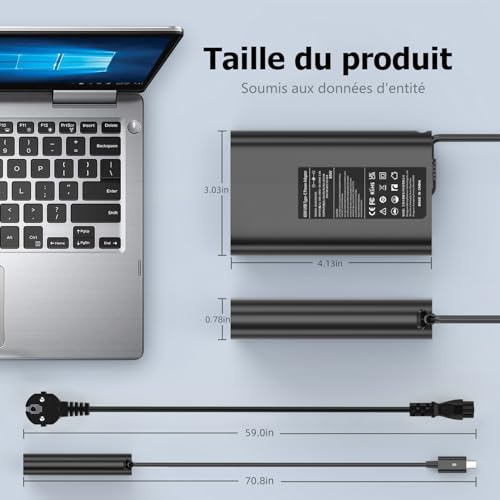 65W Chargeur HP USB C Ordinateur Portable pour HP Elitebook 840 850 G5 G6 G7 Probook 430 440 450 470 G6 G7 G8 Spectre X360 Pavilion X360 Chromebook Alimentation Type-C PC Adaptateur – vue 7