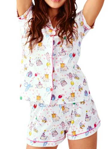 Image of Womens Y2k Preppy Pajamas Set, 2 Piece Button Down Monkey Beach Shorts Set Holiday Vacation Loungewear Pjs for Jammies Back to School Party Birthday Gifts(Birthday, X-Small)