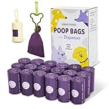 Watreeco 270 Count Scented Dog Poop Bags Rolls, 20 Micron Ultra Thick, Heavy Duty Tear Resistant Leak Proof for Yuck-Free Cleanup, Includes Dispenser & Leash Clip, 9 x 13 Inch, Gaze Doodle (Purple)