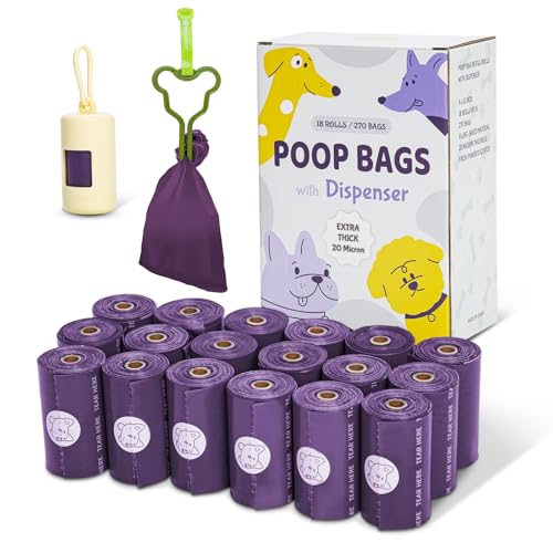 Watreeco 270 Count Scented Dog Poop Bags Rolls, 20 Micron Ultra Thick, Heavy Duty Tear Resistant Leak Proof for Yuck-Free Cleanup, Includes Dispenser & Leash Clip, 9 x 13 Inch, Gaze Doodle (Purple)