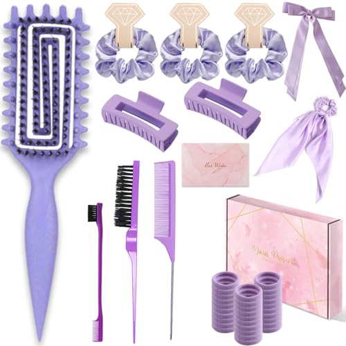 Curly Hair Brush,Curl Defining Brush,Slick Back Hair Brush,Rat Tail Comb,Edge Bristle Brush,Clip Claw,Bow,Satin Scrunchies,No Damage Hair Ties,Scarf Hair Ties,Gifts For Women,Best Gift Set(Purple)