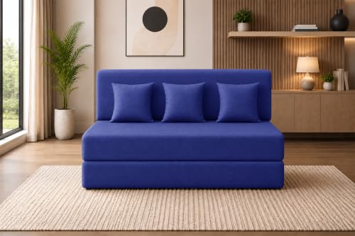Image of Sofa Cum Bed with Jute Fabric, Convertible Three Seater Sofa Bed 5x6 Ft, Comfortable Cushioned Seating, Space Saving Design for Living Room, Bedroom & Guest Room - Blue Color