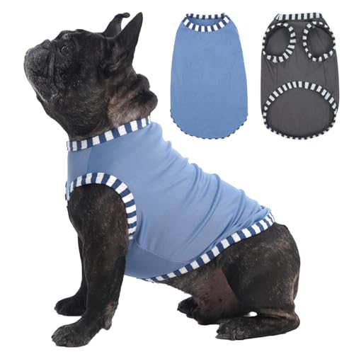 Katzinst Confezione da 2 magliette per cani, felpa grigia blu, maglietta elastica per cani di taglia media, magliette base per l'estate, magliette traspiranti, a righe senza maniche, bulldog francese